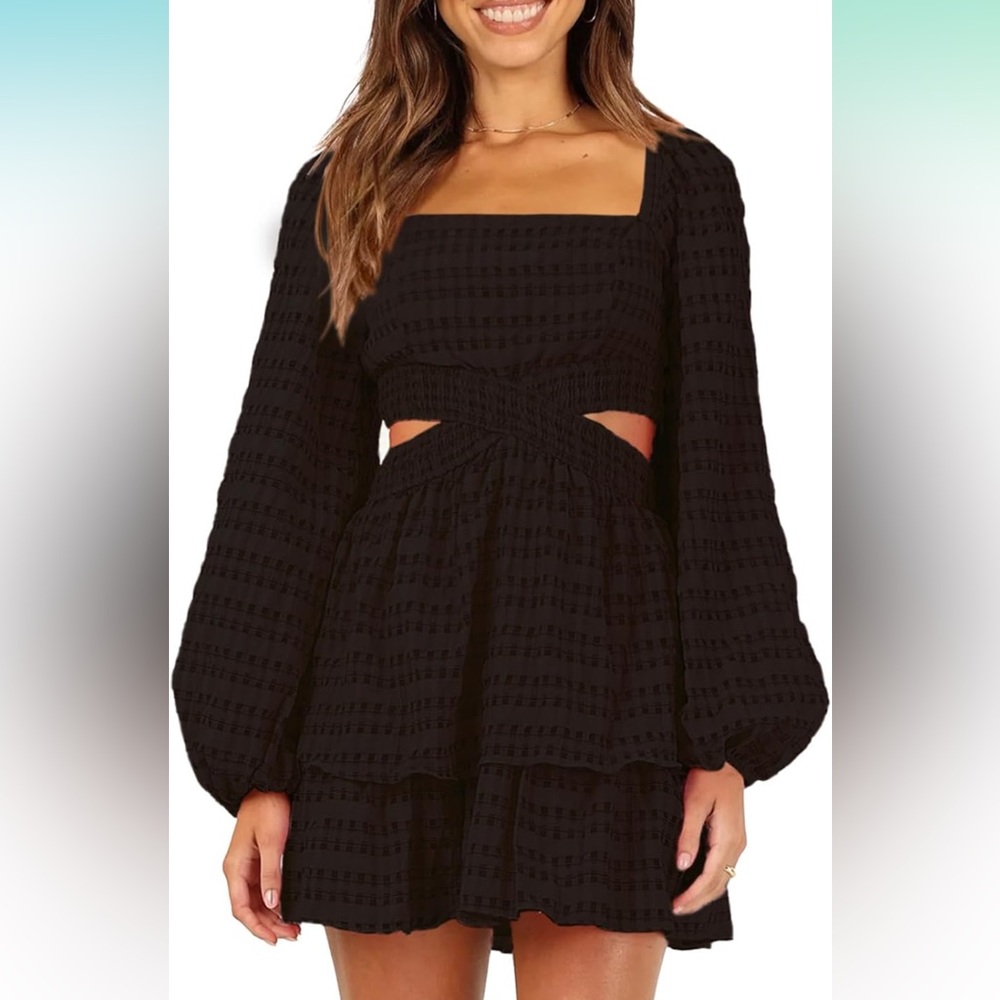 NWT Shy Velvet Square Neck Crossover Waist Long Sleeve BlackMini Dress, Large